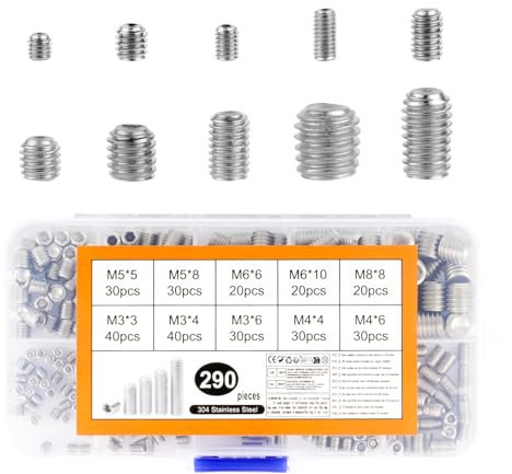 290 Stück Madenschrauben Set, M3 M4 M5 M6 M8 Edelstahl Innensechskantschrauben Gewindestifte Sortiment, Sechskantkopf Gewindeschrauben für Türklinken Halterung Türgriffe