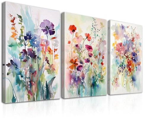 Dazzlewall 3Pcs Framed Watercolor Flower Wall Art Decor Modern Wildflower Prints, Colorful Botanical Wall Pictures for Bedroom Bathroom Living Room Decor 12x16 in