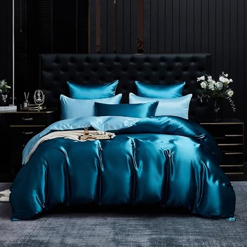 Gezu Housse de Couette Satin 220x240cm Bleu Clair Bleu Parure de Lit Satin Lisse Soyeux Brillant Sets de Housse de Couette 2 Personnes Linge de Lit avec 2 Taies d'oreiller 65x65 et Fermeture Éclair
