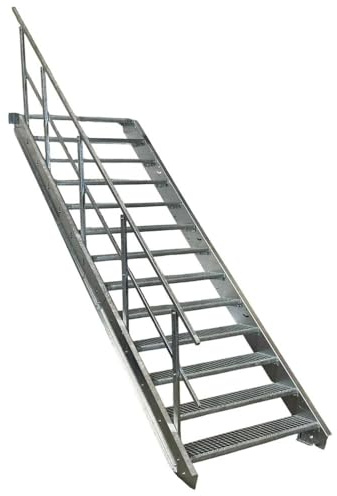 SRM Design 13 Stufen Stahltreppe Breite 90 cm verzinkt 1x Geländer | Geschosshöhe 195 - 260 cm robuste Außentreppe Wangentreppe stabile Industrietreppe für den Innen und Außenbereich