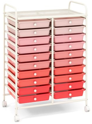 COSTWAY Rollwagen mit 20 stapelbaren Schubladen, Schubladenwagen, Rollcontainer mit Metallgestell und Ablagefläche, Badrollwagen Beistellwagen für Büro, Wohnzimmer (Rosa)