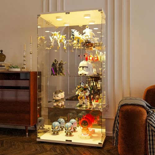 SUNFECILI Glasvitrine mit Beleuchtung,Modern Vitrine mit 4 Regalen und 2 Türen Glasschrank，Aufbewahrungsschrank, robust und langlebig, für Schlafzimmer, Büro (Mit Licht, Weiß)