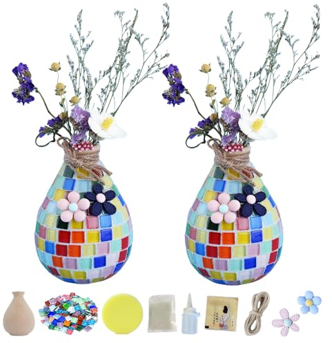 PORFOYO 2 Sets DIY Vasenmosaik Set, Mosaik Bastelset Kinder, Kreative DIY, Heimdekoration, Basteln Kleine Mosaikvase, Handgefertigt Mosaik Holzvase Für Kinder Und Erwachsene