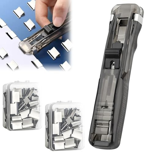 Spillatrice trasparente senza punti, mini clip dispenser riutilizzabile. Pratica alternativa a pinzatrici e graffette, compatta e leggera, ideale per casa, ufficio e uso quotidiano.