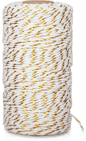 KINGLAKE Gold Twine String - 2mm Cotton Bakers Twine 328 Feet Gold White Metallic Christmas Holiday String for Gift Wrapping Crafts Baking Holiday Decoration