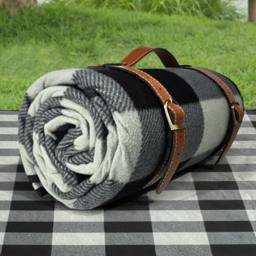 PortableAnd Picknickdecke, 3-lagig, weiche Fleecedecke für Strand, Camping auf Gras, wasserdicht, sanddicht, Paare und Familien, schwarz und grau kariert