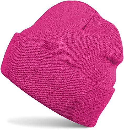styleBREAKER Unisex Beanie Mütze einfarbig | Klassische Feinstrick Winter Strickmütze mit breitem Umschlag | Elastische Beanie in vielen Farben für Damen und Herren, Farbe:Pink