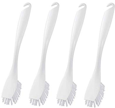 Dishwashing Brush with Hangable Long Handle, Built-in Scraper, Scrub Brush for Dish, Pans, Pots, Kitchen Sink Cleaning - 10 Inch, 4 Pack (White)