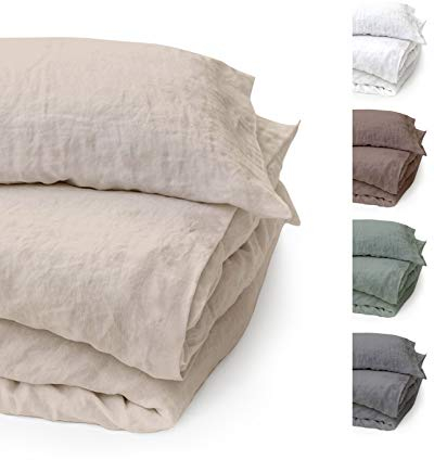 BLUE MOON Ropa de cama de 2 piezas de lino lavado a la piedra, 100 % fibra natural, tamaño normal, tamaño estándar, con cierre de hotel, fabricado en la UE (arena, 155 x 220 + 80 x 80)