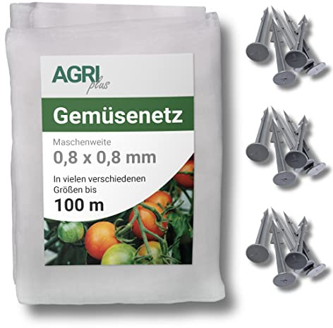 AGRI plus Gemüseschutznetz I 2 x 5 m I versch. Längen I Transparentes Insektenschutz Netz inkl. Erdnägel I Reißfestes Obstnetz gegen Vögel & Insekten I UV-beständiges Insektenschutznetz