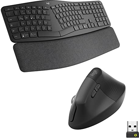 Logitech ERGO K860 geteilte kabellose Tastatur, Handgelenkauflage, Lift Maus vertikal ergonomisch, Linkshänder, Bluetooth, USB-Empfänger, leise, Windows/macOS/iPadOS, Notebook, PC, QWERTZ DEU - Grau