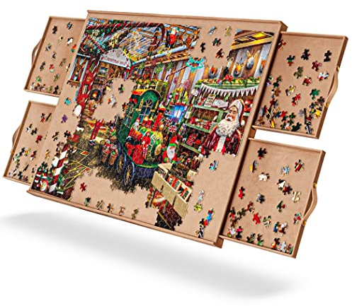 Becko US Jigsaw Puzzle Board with 4 Puzzle Drawers & Wooden Puzzle Board Smooth Surface for Up to 1000 Pieces with Frameless Design for Easy Sliding Finished Puzzles