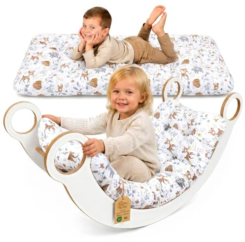 Klätterbåge kudde & golvkudde för barn 60x120 cm - golvmadrass vändbar – sittdyna för gungbågen lek läsning vila tupplur i barnrummet Montessori bomull Oeko-Tex Rådjur med björnar