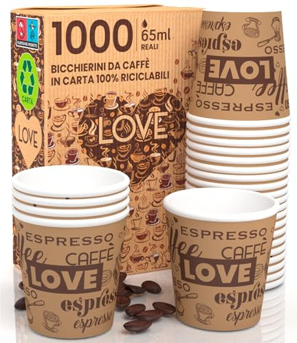 Eurocali 1000 Espresso Pappbecher 65ml Biologisch Abbaubare Kaffee Einwegbecher - Ökologisches Design LoveBrownCUP - Kleine Größe für italienischen Espresso für Heißen Getränken