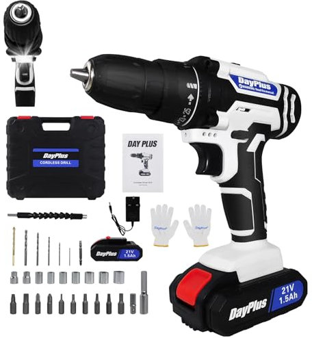 Lucn 21V Cordless Drill Set Power Drill Driver Impact Drill with Battery Fast Charger, 1x 1500mAh Lithium-Ion Battery, 3/8'' Chuck, 25+1 Torque, LED Light, 2 Speed