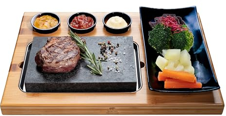 BEEFSTONE Planche à Steak en Pierre de Lave - Bambou et Porcelaine - Pour Griller Viande et Poisson sur Pierre Chaude (Noir Uno)