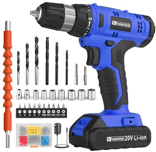 FADAKWALT 20V Cordless Drill Set ，Powerful Drill bit Sets,Torque 30N,21+1 Torque Setting,3/8” inch Keyless Chuck, 40pcs,Electric Drill with 2.0AH Li-Ion Battery and LED Light.