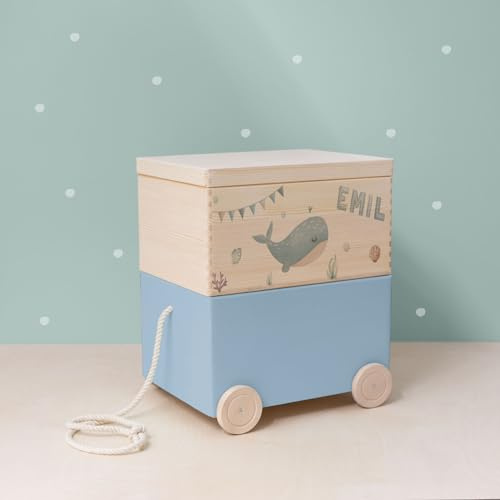 hellomini Personalisierte Spielzeugkiste aus Holz zur Aufbewahrung - Stapelkiste Holz - Spielzeugkiste Kinderzimmer - Personalisiertes Geschenk für Kinder (Wal 2er)
