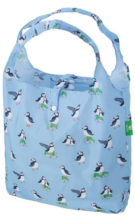 ECO CHIC Lätt vikbar återanvändbar shoppingväska vattentålig tygväska, Multi Puffin blå, Small