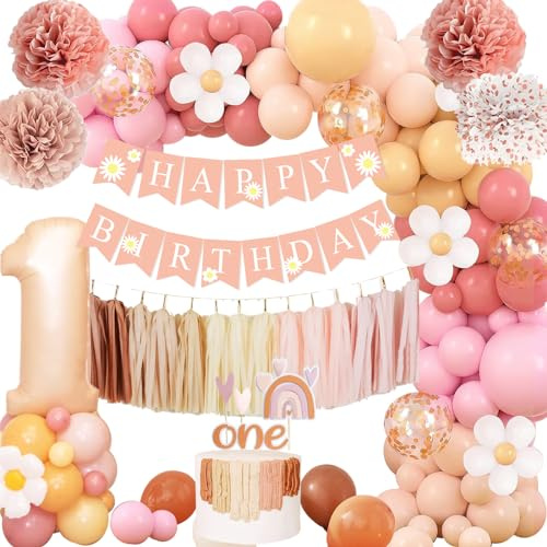 1.Geburtstag Mädchen Deko, Luftballon 1, Kinder 1 Deko, Erster Geburtstag Mädchen, Retro Rosa deko 1 Jahr Mit Girlande, Seidenpapier Pompons