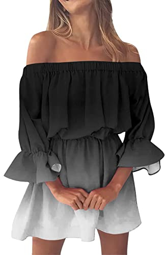 Sommerkleid Damen Kurz Elegant Trägerloses Blumendruck Kleid Off Shoulder Minikleid Sexy Partykleid Freizeitkleid Dating-Kleid Casual Loose Sommerkleider Rüschenkleid 00b Schwarz M
