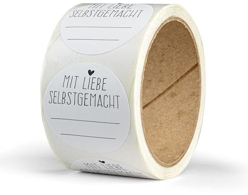 Marmeladen Etiketten zum Beschriften – 50 Stück – rund, Ø 4 cm – Aufkleber selbst gestalten für Marmeladengläser – Etiketten selbstklebend für Marmelade, Honig - MIT LIEBE SELBSTGEMACHT - HERZ SCHWARZ