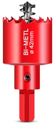 HOHXEN Lochsäge 42mm, M42 HSS Heavy Duty Bi-Metall Lochsäge mit Positionierbohrer zum Schneiden von Mildstahl, Edelstahl, Gusseisen, Messing, Aluminium, Holz, PVC-Rohr, Gipskarton, Dichtebrett - Rot