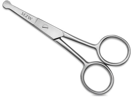 MJW Forbici per peli di naso e orecchie–Forbici per tagliare i peli del viso con punta arrotondata in acciaio inossidabile per baffi,sopracciglia e barba–Forbici per la toelettatura per uomini e donne