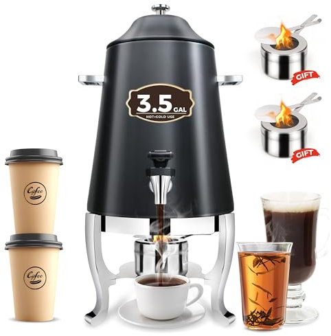 JopaihoVie Coffee Urn with Fuel Holder 3.5 Gal - Stainless Steel Hot Beverage Dispenser for Milk Coffee Tea Water Juice - Coffee Chafer for Parties Catering Commercial Use Home - Black