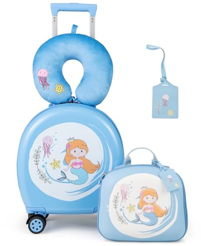 SOARS Valise Enfant 14'', Bagages Enfant 4 PCS avec Sac à Dos & Coussin de Nuque & Étiquette de Bagage, roulettes et Poignée Télescopique, Valise Enfant Fille & Garçon 3-7 Ans (Sirène)