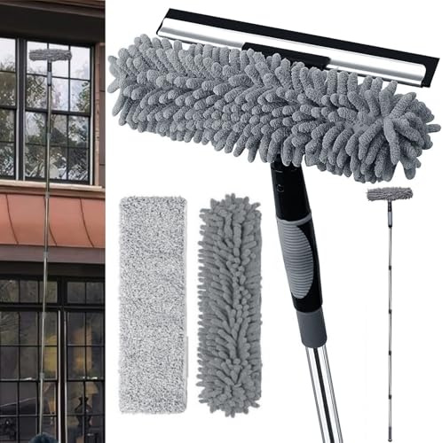 15Ft Extendable Window Cleaner, 2-in-1 Window Squeegee Cleaning Equipment, Long Handle Extendable Telescopic Glass Cleaner Brush with 10 Extension Pole, 3 Microfiber Cloth for High Windows