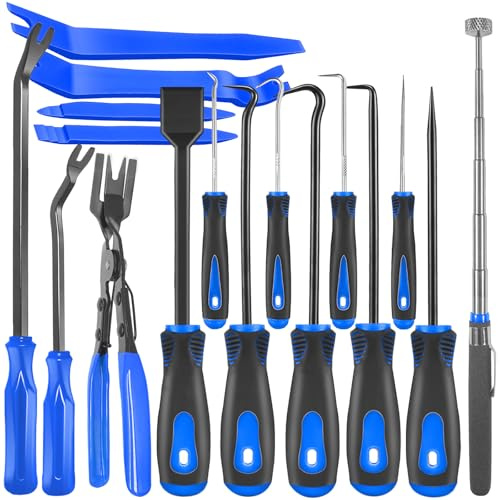 KEZE Lot de 17 outils de retrait de garnitures de voiture, pince à clip, grattoir de joint, outil de ramassage magnétique télescopique pour réparation automobile et retrait de fixation de panneau de