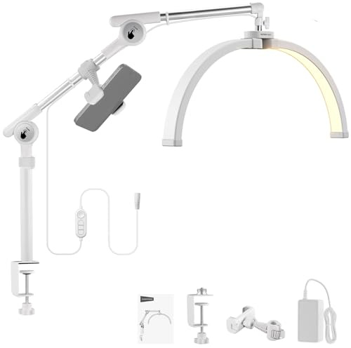 NEEWER Basics 22 Half Moon Lash Light with Articulating Desk Clamp Mount Stand/Phone Holder, 32W Foldable LED Nail Tech Table Arc Lamp for Makeup Beauty Tattoo Overhead Video Recording, HM03-D