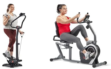 Sunny Health & Fitness Exercise Bikes, Magnetic Recumbent Bike + 2-in-1 Power Stepper W/Resistant Bands & Handlebar, Low-Impact Cardio, Adjustable, 150KG Max