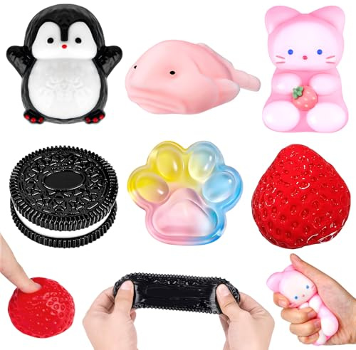 6Pcs Taba Squishy Set,Strawberry Squishy Fidget Toys for Kids Adults,Fufu Squishy Squeeze Toy Squishes Kit,Cookie Squishy Penguin Squishy Cat Paw SquishyToys for Anxiety Relief Home Office Desk Decor