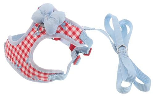 HIAKDOFT Harnais et Laisse pour Chien en Maille Respirante avec Nœud, Harnais Ajustable Taille M pour Petits Chiens 3,5-6,5 Kg, Motif à Carreaux Rouges et Blancs, Laisse pour Promener Son