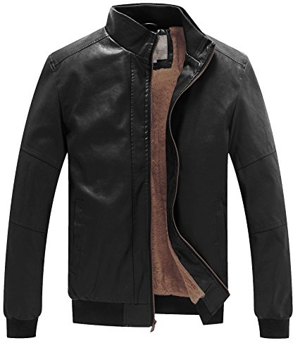 WenVen Men's Winter Stand Collar Leather Jacket Motorcycle Coat Black M