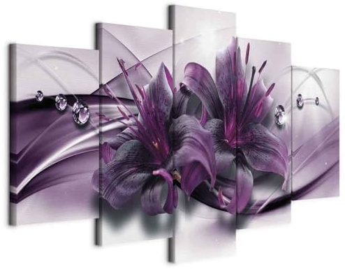 B&D XXL - Leinwandbild Blumen Lilien, 225x112 cm, 5-teilig, Schlafzimmer | Hochwertige Leinwand, sofort aufhängbar, ideal fürs Wohn- oder Schlafzimmer, wasserfest und lichtecht, langlebig, stilvoll
