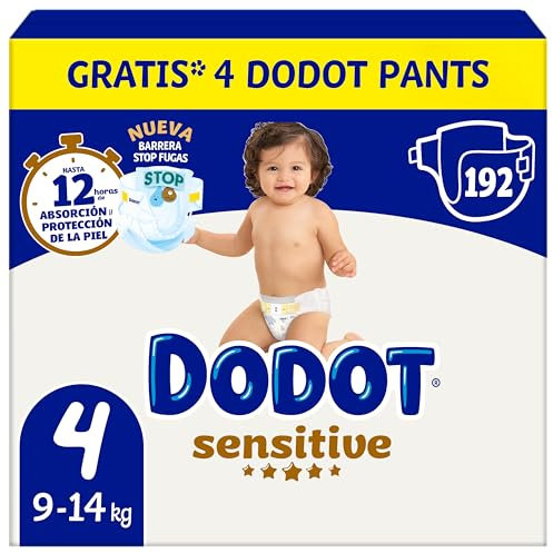 Dodot Sensitive Babywindeln, Größe 4 (9-14 kg), 192 Windeln + 4 Geschenkhosen, bis zu 12 Stunden Auslaufschutz und Hautpflege, Monatspack