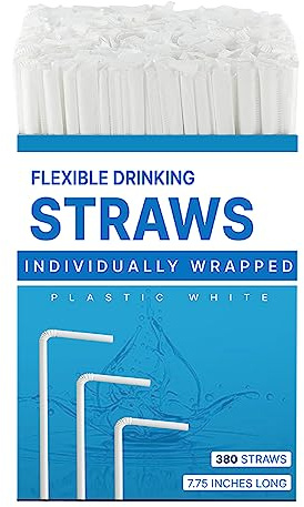 Plastic White Flexible Drinking Straws 380 Bulk, Individually Wrapped Disposable White Straws 7.75 Inches Long