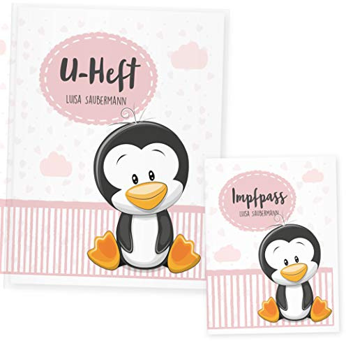 U Heft Hülle Tiere, Uheft Hülle & Impfpass Hülle Set, (Uheft Set personalisiert, Pinguin Rosa)