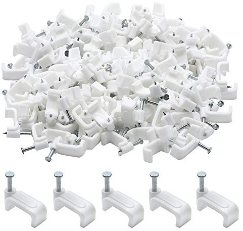 PHITUODA Flat Ethernet Cable Wire Clips with Nail, 14mm, White, 200pcs | Single Coaxial Cable Clamps, Cable Management