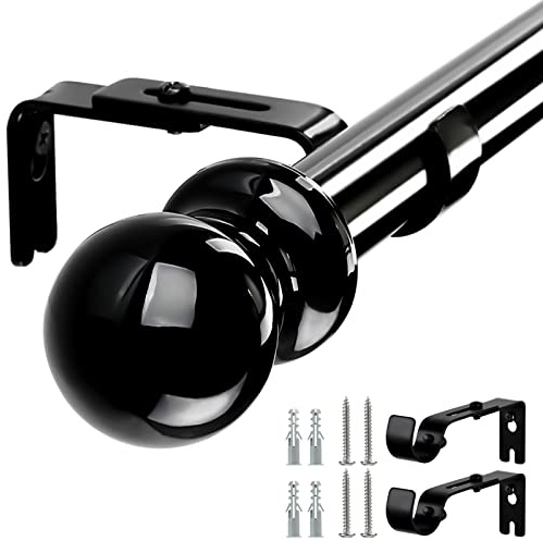 HARRMS Gardinenstange Ausziehbar, 76-221cm, Gardienenstangenset Schwarz 1 läufig, Verstellbare Vorhangstange Metall Edelstahl mit rundem Endstück für Schlafzimmer, Wohnzimmer, Kinderzimmer