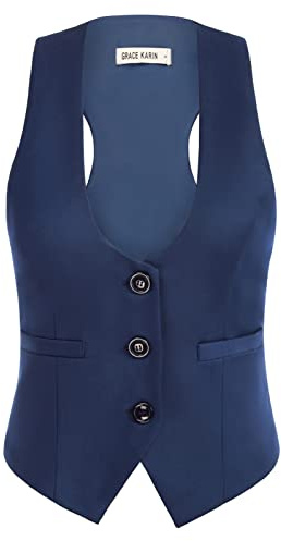 GRACE KARIN Women Blue Vest Vintage Suit Button Down Vests Solid Color Sleeveless Waistcoat(2XL, Navy Blue)
