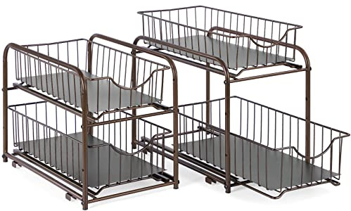 2 Etagen Stapelbarer Schrank-Organizer, Unterschrank-Organizer mit Ausziehbarer Schublade, Küchenschrank Schiebe Schublade Aufbewahrung Bad Organizer Regal für Büro, braun (2 Stück)