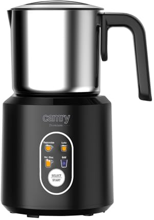 Camry CR4498 Espumador de Leche Automático Batidor de leche Eléctrico, Calentador Leche 350 ml, Hace Espuma en Caliente/Frío, Tapa Transparente, Jarra Inalámbrica Acero Inoxidable, 1000W