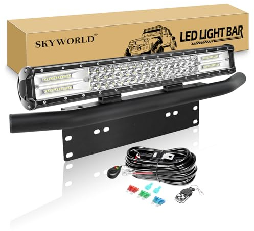 SKYWORLD 50 cm 288W barre de led avec 12V stroboscopique faisceau de câblage kit et support de plaque d'immatriculation pour 4x4 offroad Véhicules Voiture camions hors route, feu antibrouillard