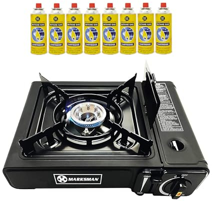 BARGAINS-GALORE Portable Gas Cooker Camp Stove with 8 Butane Gas Canisters - Dual-Use LPG & Butane, Automatic Ignition & Heat Control, EN417 Compliant - Black Carry Case