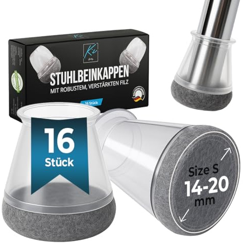 Stuhlbeinkappen Rund, 16 Stück, Filzgleiter für Stühle, Ø14-20mm, Schutzkappen für Stuhlbeine, Stuhlbeinschoner, Bodenschoner für Stuehle mit Filz, Gleiter für Stühle, Gleiter Transparent