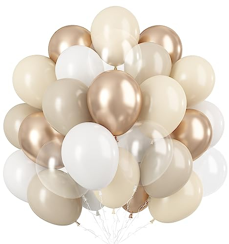 White Gold Balloons 60 Pcs, 12Inch Beige Party Balloons, Matte Ivory Sand and Champagne Latex With Transparent for Boho Birthday Baby Shower Decoration